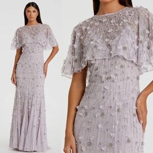 Mac Duggal NEW Purple Embellished Illusion Cape Sleeve Trumpet Gown‎ - Size 8